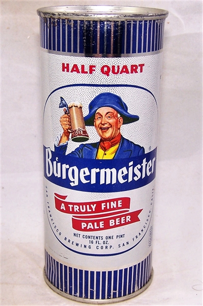 Burgermeister A Truly Fine Pale Beer Half Quart Flat Top Beer Can