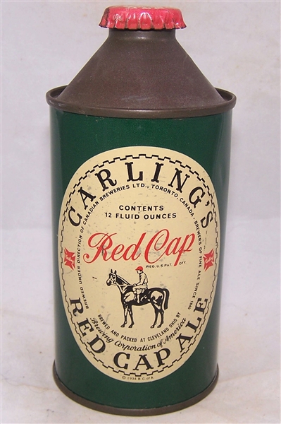 Carlings Red Cap Ale Cone Top Beer Can, Original crown.