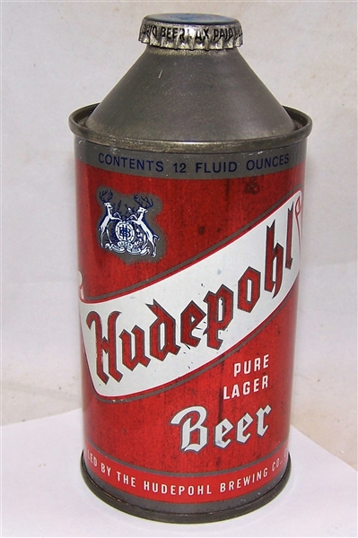 Hudepohl Pure Lager Cone Top Beer Can, With original Crown