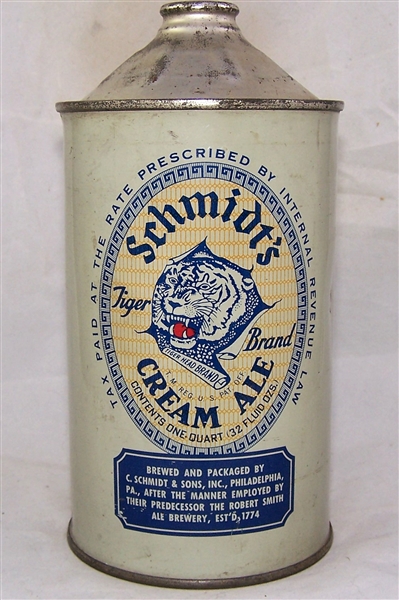 Schmidts Tiger Brand Cream Ale Dull Grey Quart Cone Top Beer Can