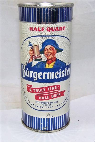 Burgermeister A Truly Fine Pale Beer Half Quart Flat Top Beer Can