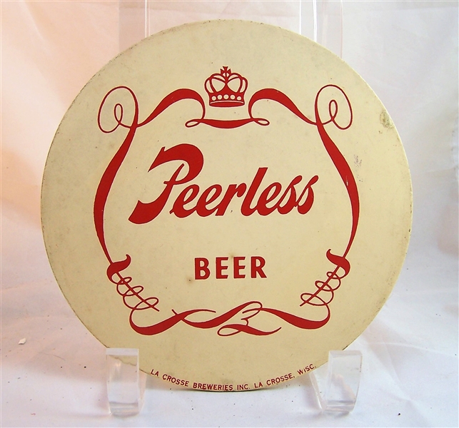 Peerless Round hard composite Beer Sign over cardboard