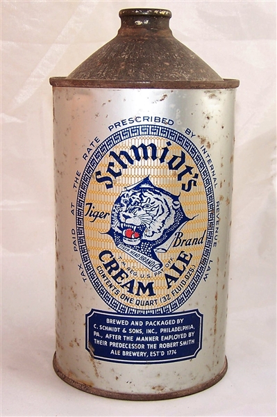 Schmidts Tiger Brand Cream Ale Quart Cone Top Beer Can