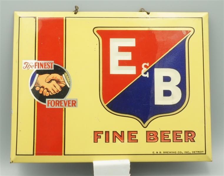 E&B Fine Beer "The Finest Forever" tin over cardboard sign, Detroit Michigan