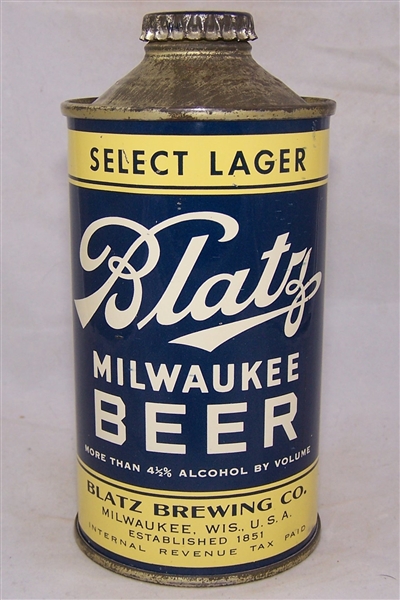 Blatz Select Lager Low Pro Cone Top Beer Can. (MT 4 1/2%)