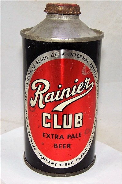 Rainier Club Extra Pale Low Pro Cone Top Beer Can, With Crown