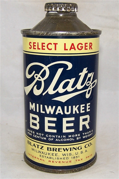 Blatz Select Lager Low Pro Cone Top Beer Can. (DNCMT 4%)