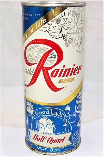 Very Tough Rainier 16 ounce Flat Top Beer Can, "Heres Looking at You!"