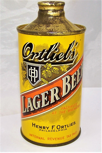 Rare Ortliebs Lager J-Spout Cone Top Beer Can.