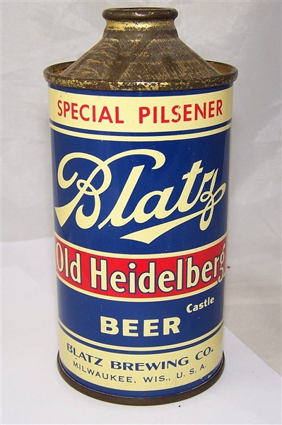 Blatz Old Heidelberg Special Pilsener Castle Low Pro Cone Top Beer Can.