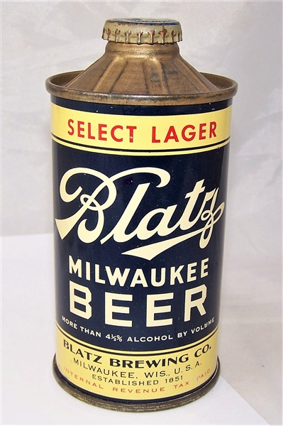 Blatz Select Lager flat Bottom Inverted Rim Low Pro Cone Top Beer Can
