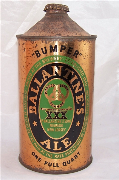 Ballantine Ale "Bumper" Quart Cone Top Beer Can. "Handy way to order"