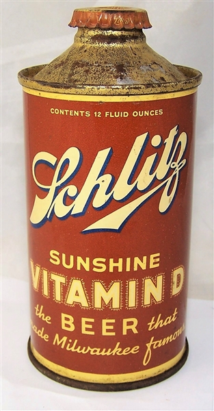Schlitz Vitamin D Low Pro Cone Top Beer Can Contains 4% of Alc